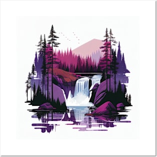 Purple Mountain Forest Waterfall Scenery Posters and Art